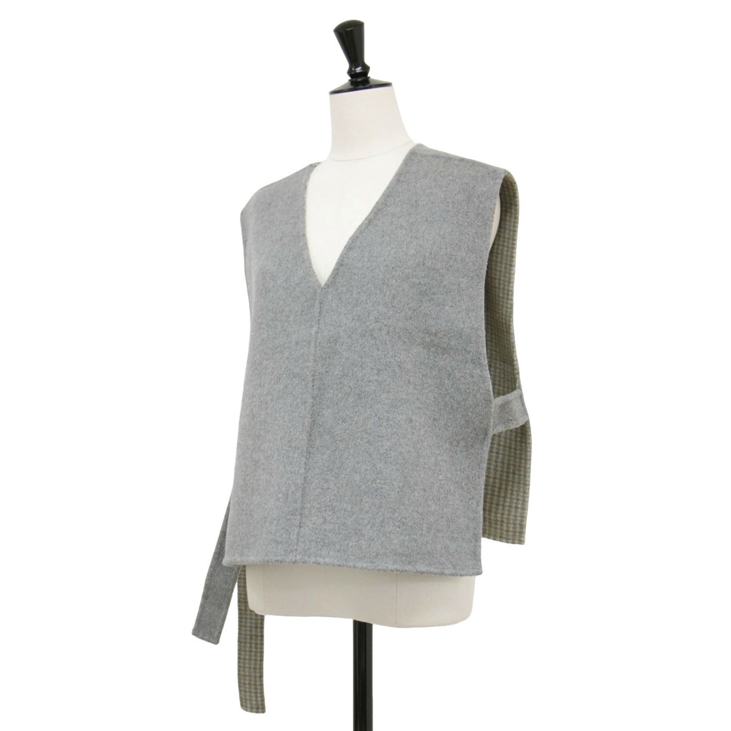 23秋冬 リバーシブル ショート ベスト / プルオーバー クルーネック Vネック チェック 2WAY ウール コットン