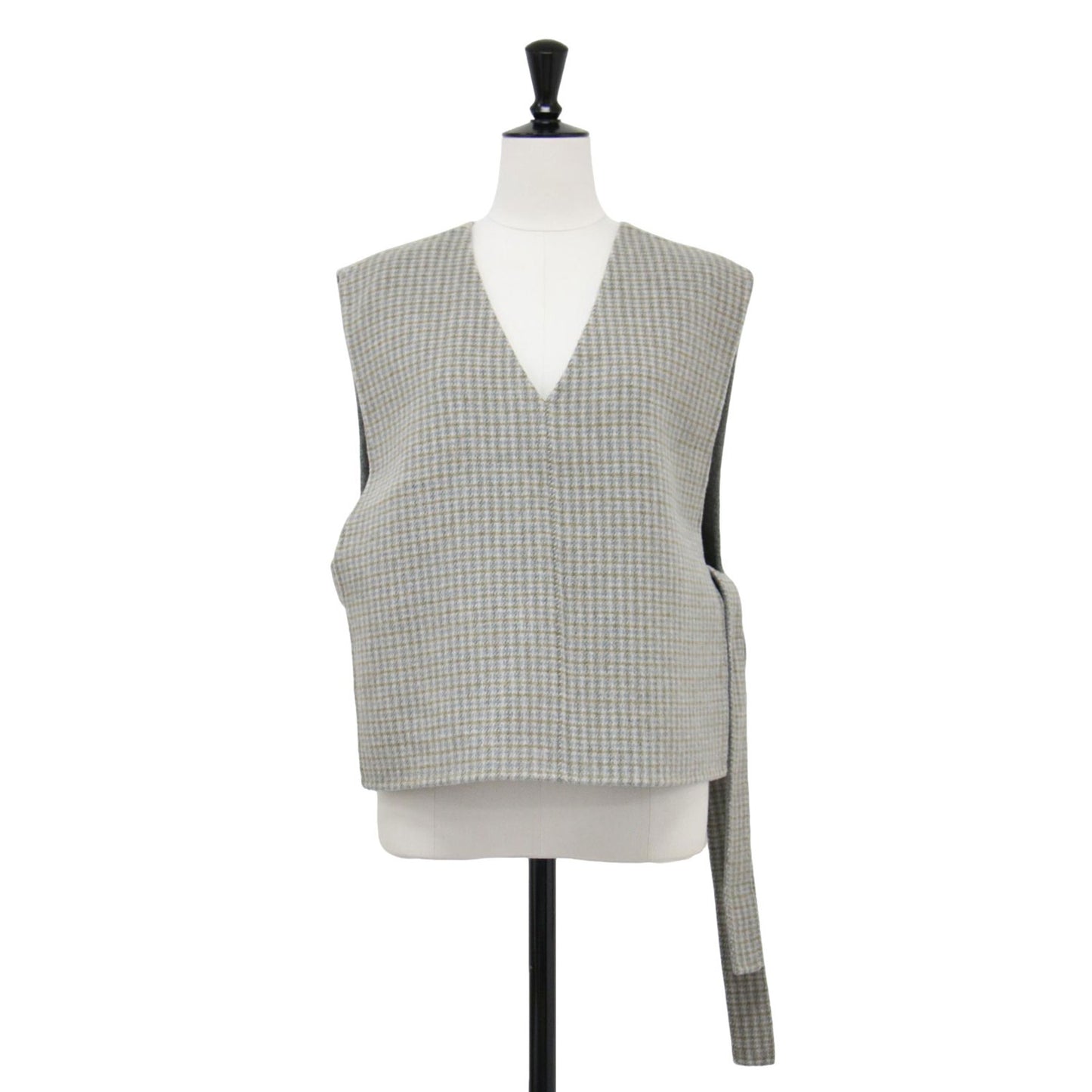 23秋冬 リバーシブル ショート ベスト / プルオーバー クルーネック Vネック チェック 2WAY ウール コットン