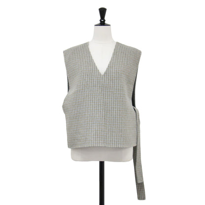 23秋冬 リバーシブル ショート ベスト / プルオーバー クルーネック Vネック チェック 2WAY ウール コットン