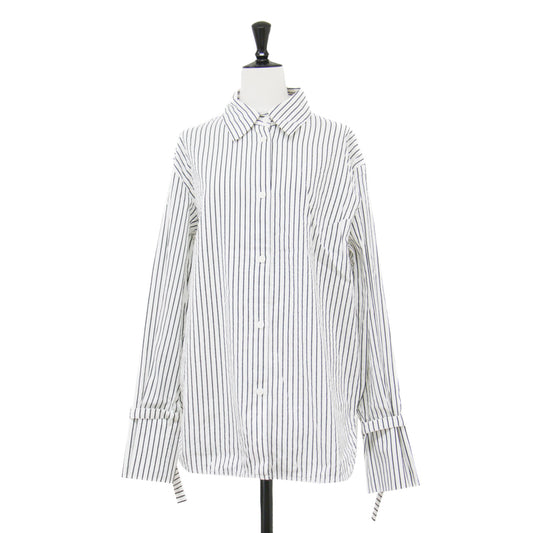 シルク混 ストライプシャツ / ブラウス 長袖 ベルト付き コットン ウォッシャブル