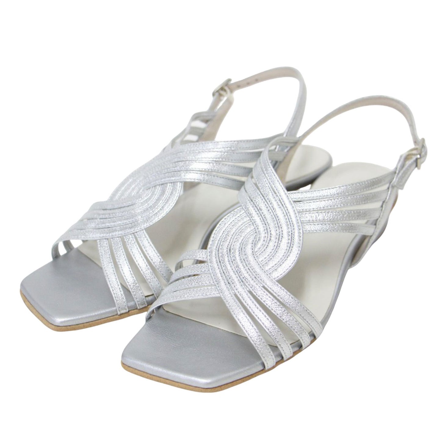 25春夏 クロス メッシュ ローヒール サンダル / スクエアトゥ メタリック ストラップ レザー