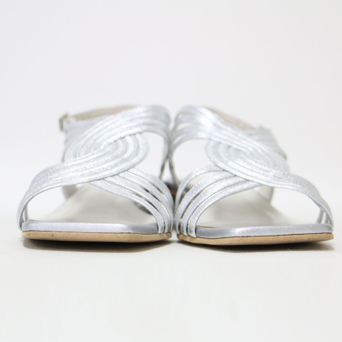 25春夏 クロス メッシュ ローヒール サンダル / スクエアトゥ メタリック ストラップ レザー