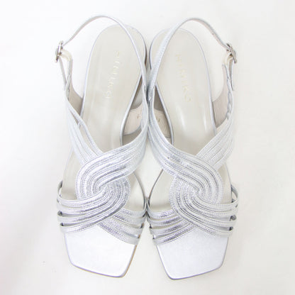 25春夏 クロス メッシュ ローヒール サンダル / スクエアトゥ メタリック ストラップ レザー