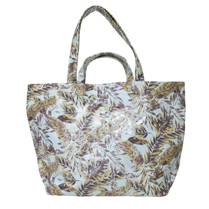 ラミネート 刺繍 2WAY トートバッグ / ショルダー 肩掛け リーフ柄 プリント コットン