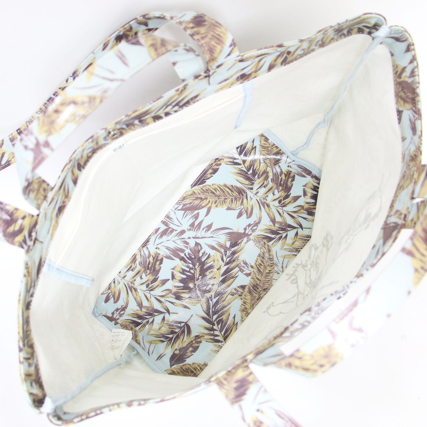 ラミネート 刺繍 2WAY トートバッグ / ショルダー 肩掛け リーフ柄 プリント コットン