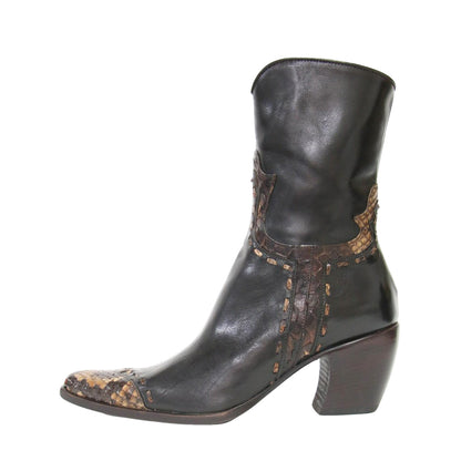 レザー ヒール ウエスタン ブーツ / ミドル丈 チャンキーヒール ポインテッドトゥ コンビ パイソン