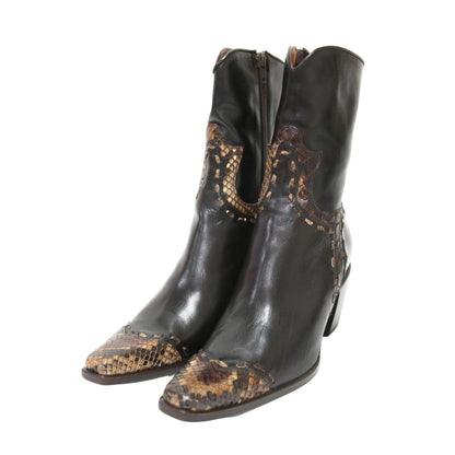 レザー ヒール ウエスタン ブーツ / ミドル丈 チャンキーヒール ポインテッドトゥ コンビ パイソン