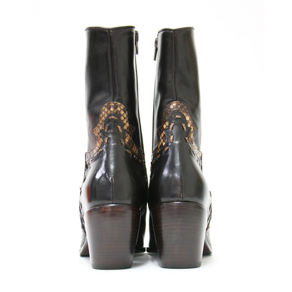 レザー ヒール ウエスタン ブーツ / ミドル丈 チャンキーヒール ポインテッドトゥ コンビ パイソン