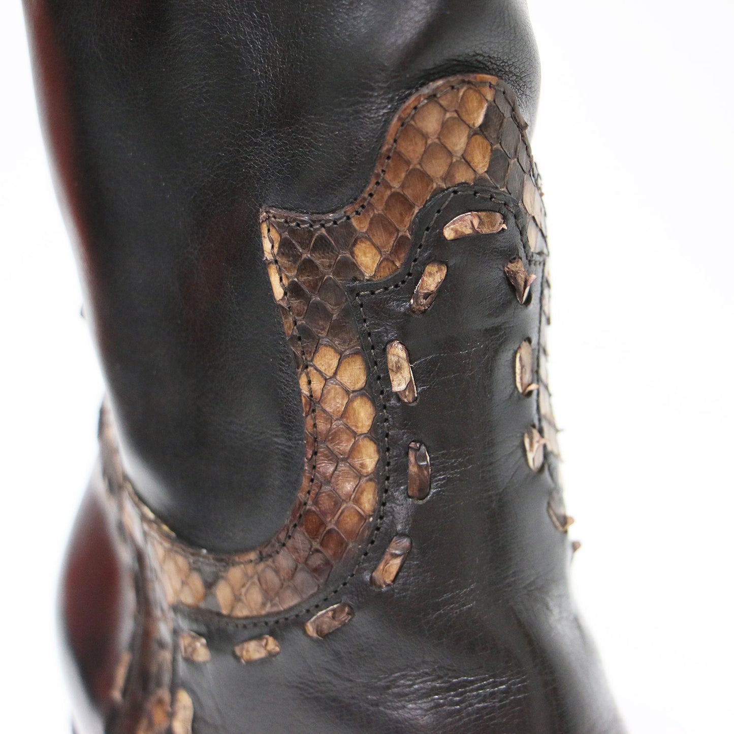 レザー ヒール ウエスタン ブーツ / ミドル丈 チャンキーヒール ポインテッドトゥ コンビ パイソン