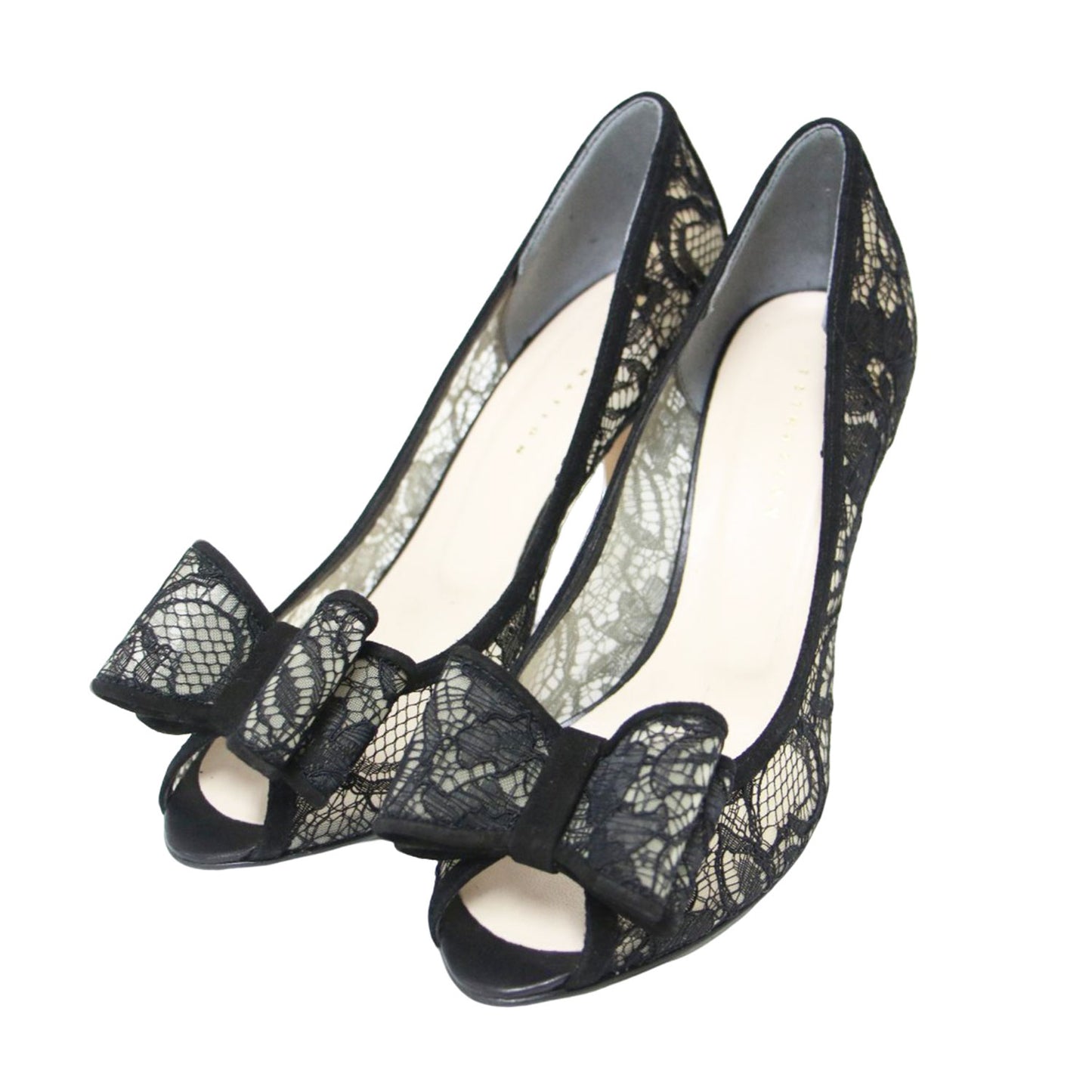 レース リボン パンプス / オープントゥ ハイヒール シアー スエード