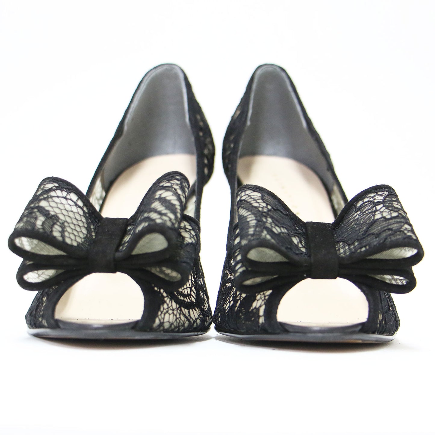 レース リボン パンプス / オープントゥ ハイヒール シアー スエード