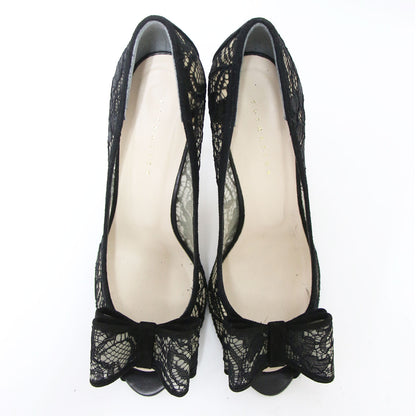 レース リボン パンプス / オープントゥ ハイヒール シアー スエード