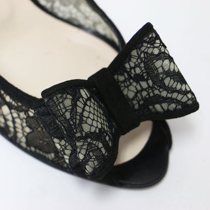 レース リボン パンプス / オープントゥ ハイヒール シアー スエード