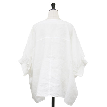 25春夏 リネン ギャザースリーブ Vネック ブラウス / シャツ プルオーバー 半袖 ワイド ドルマンスリーブ