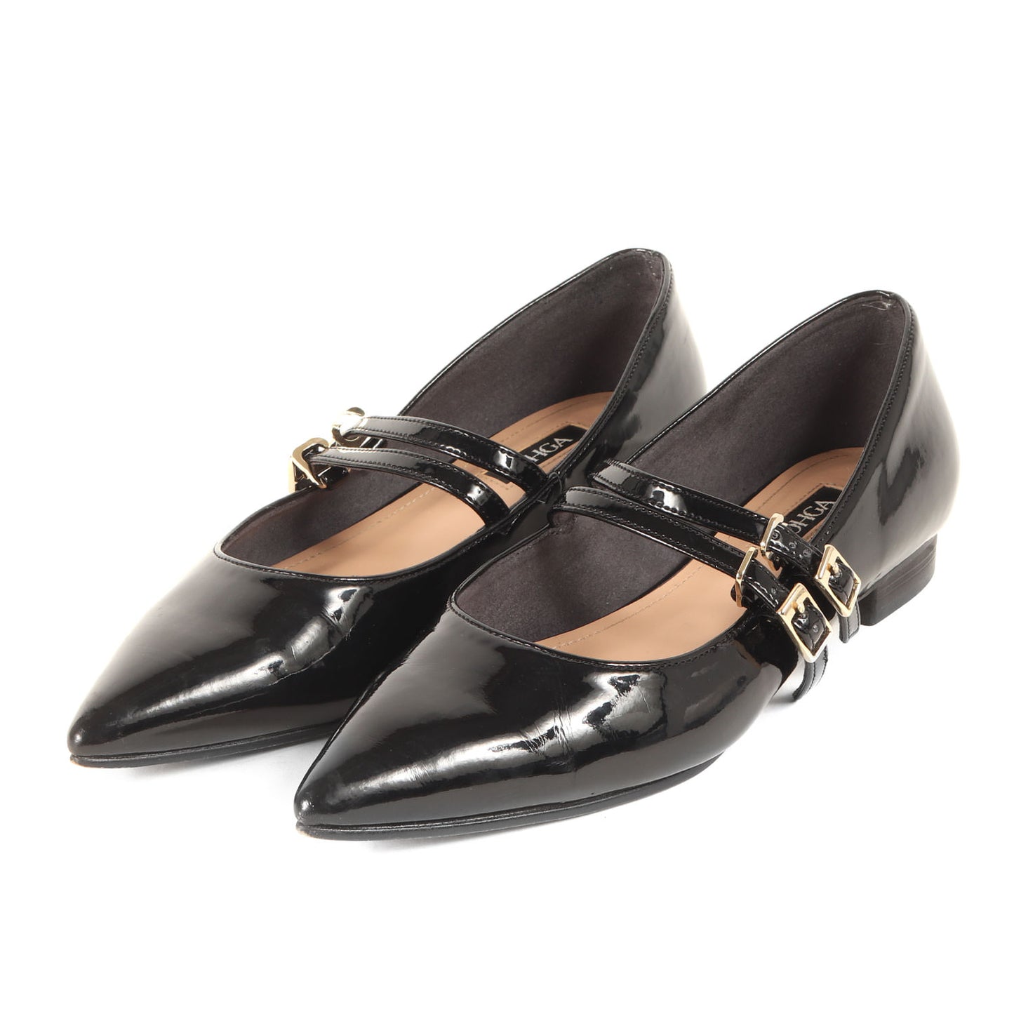 エナメル レザー ダブルストラップ パンプス / バレエシューズ フラット ポインテッドトゥ パテント