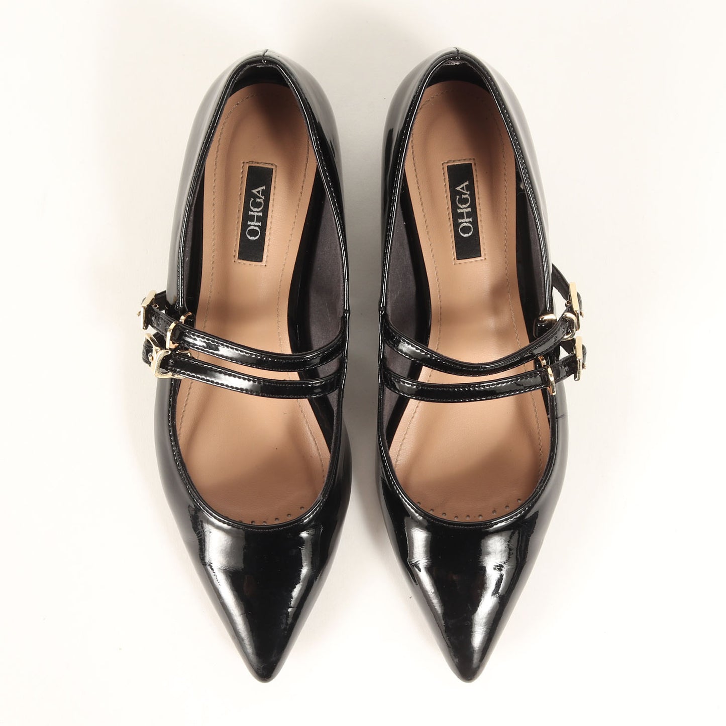 エナメル レザー ダブルストラップ パンプス / バレエシューズ フラット ポインテッドトゥ パテント