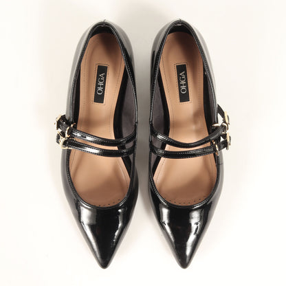 エナメル レザー ダブルストラップ パンプス / バレエシューズ フラット ポインテッドトゥ パテント