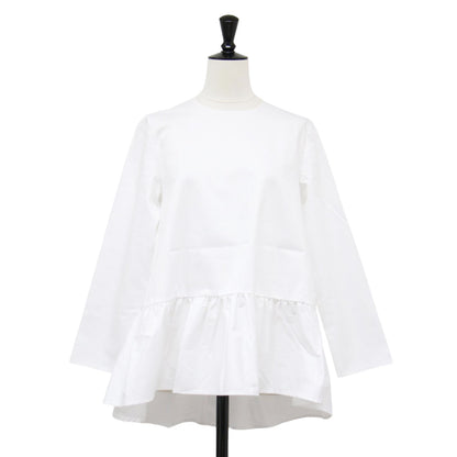 コットン 裾フリル 長袖 ブラウス / シャツ クルーネック ノーカラー