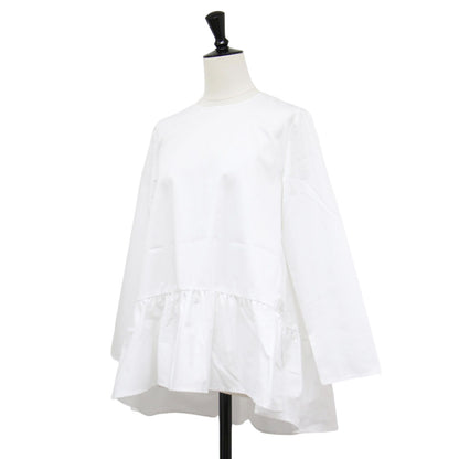 コットン 裾フリル 長袖 ブラウス / シャツ クルーネック ノーカラー