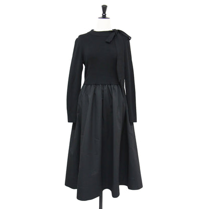 22秋冬 リボン付 タフタ ドッキング ワンピース / ミディ丈 ニット ハイネック 長袖 切替 ギャザー ウール