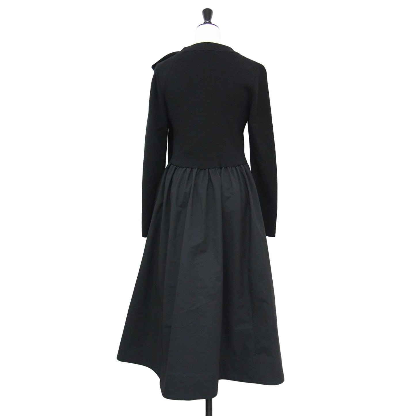 22秋冬 リボン付 タフタ ドッキング ワンピース / ミディ丈 ニット ハイネック 長袖 切替 ギャザー ウール