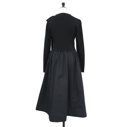 22秋冬 リボン付 タフタ ドッキング ワンピース / ミディ丈 ニット ハイネック 長袖 切替 ギャザー ウール