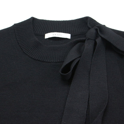 22秋冬 リボン付 タフタ ドッキング ワンピース / ミディ丈 ニット ハイネック 長袖 切替 ギャザー ウール