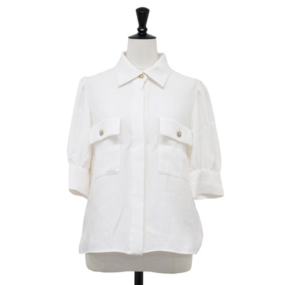 25春夏 バックサテン ハーフスリーブビジュー ブラウス / シャツ 五分袖 パフスリーブ