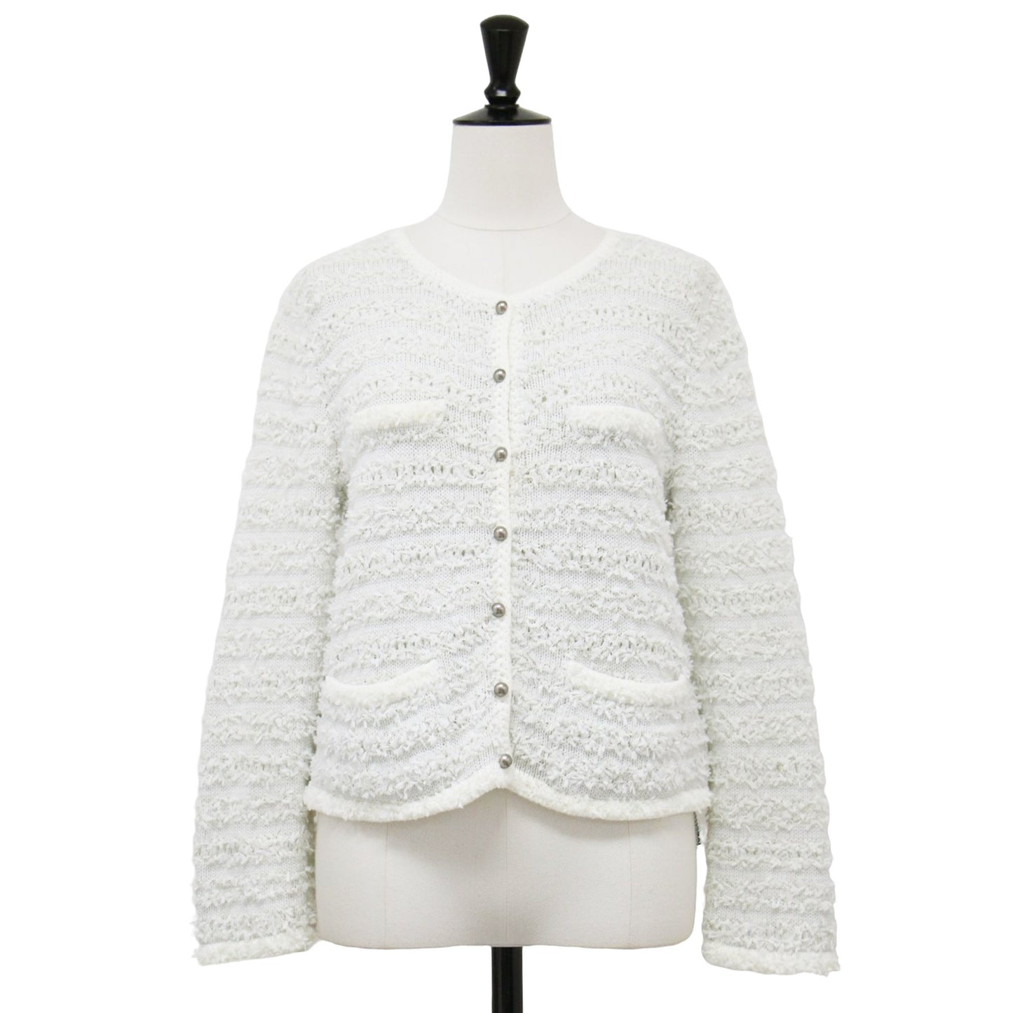 ツイード ニット カーディガン / ジャケット ショート丈 クルーネック 長袖 コットン