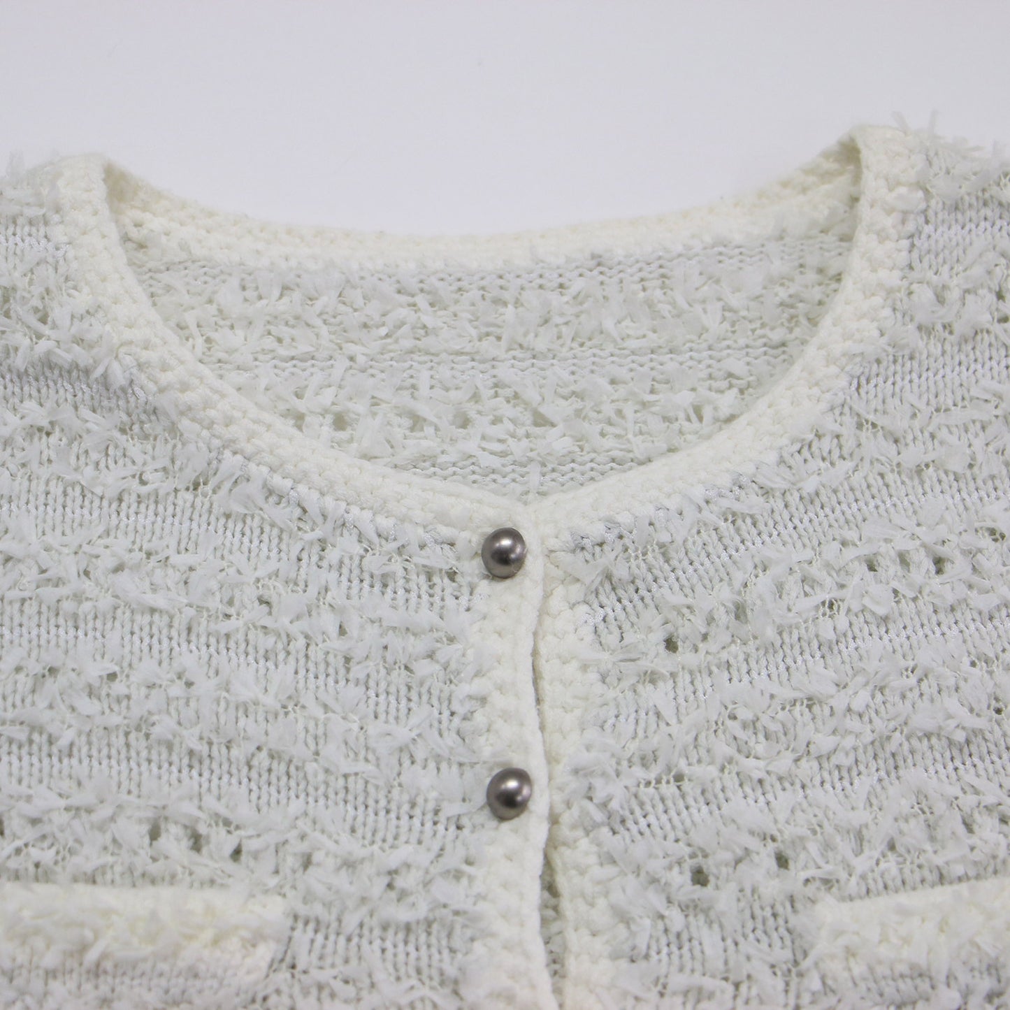 ツイード ニット カーディガン / ジャケット ショート丈 クルーネック 長袖 コットン