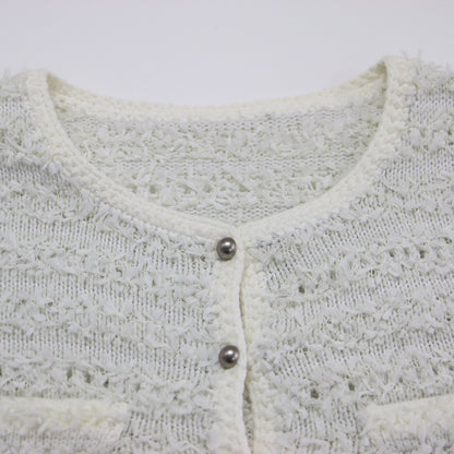 ツイード ニット カーディガン / ジャケット ショート丈 クルーネック 長袖 コットン