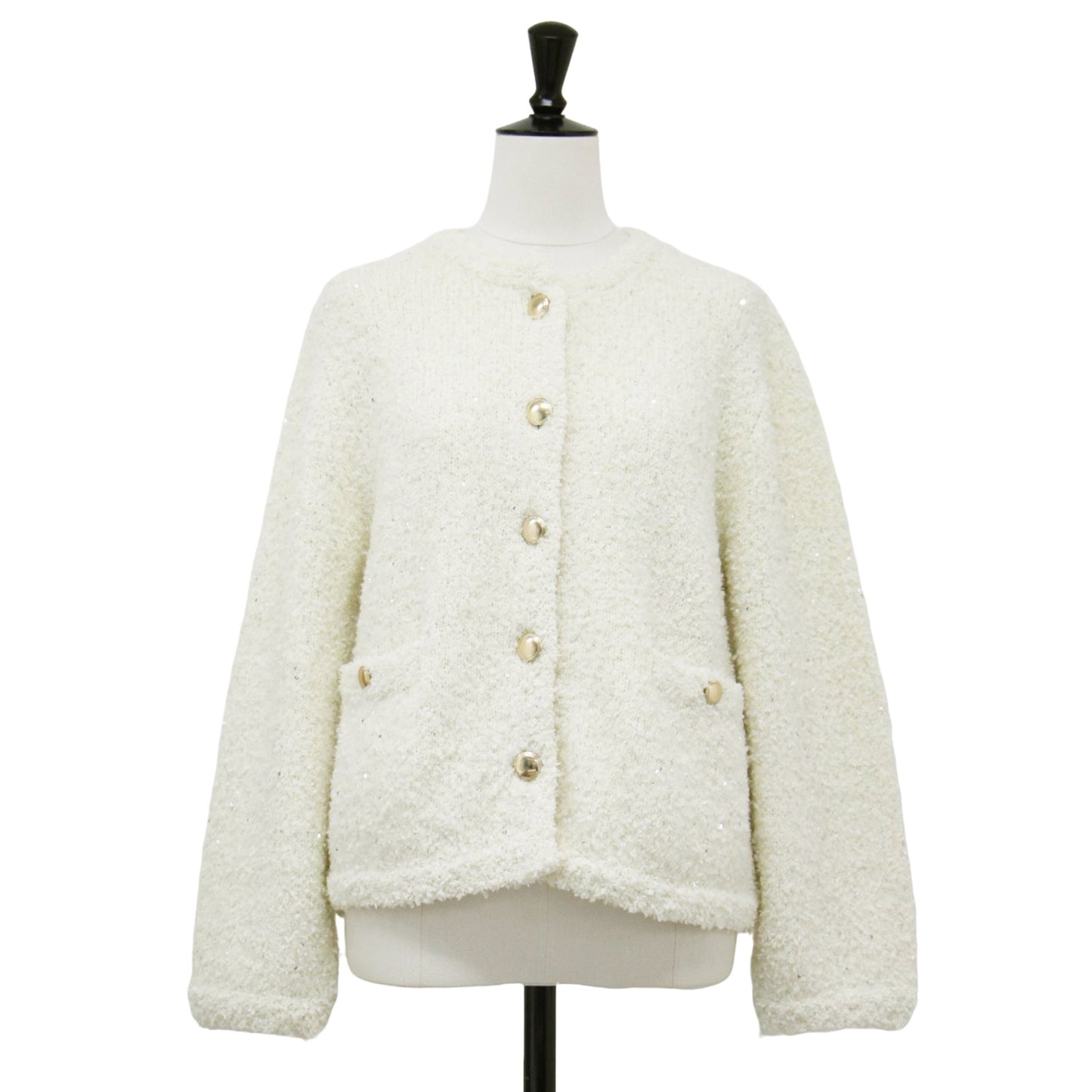 24秋冬 ツィード ニット ジャケット / カーディガン ショート丈 ノーカラー クルーネック 長袖 スパンコール ウール アルパカ