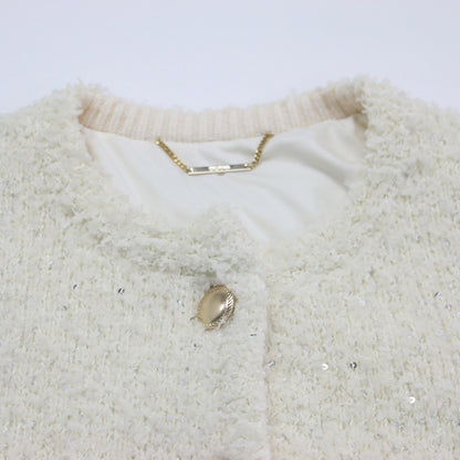 24秋冬 ツィード ニット ジャケット / カーディガン ショート丈 ノーカラー クルーネック 長袖 スパンコール ウール アルパカ