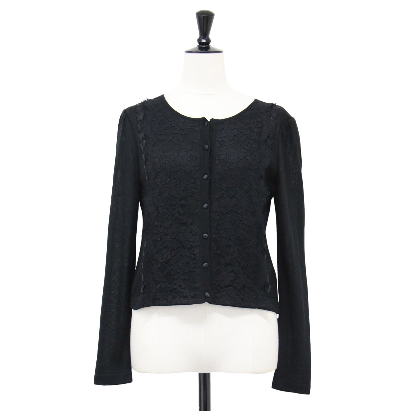 レース付き ショート丈 カーディガン / ニット 長袖 ラウンドネック レースアップ リボン ウール