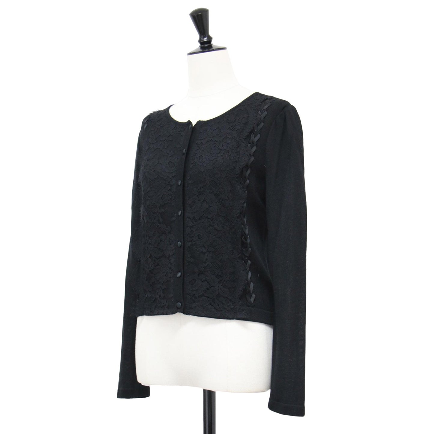 レース付き ショート丈 カーディガン / ニット 長袖 ラウンドネック レースアップ リボン ウール