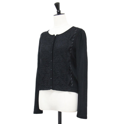 レース付き ショート丈 カーディガン / ニット 長袖 ラウンドネック レースアップ リボン ウール