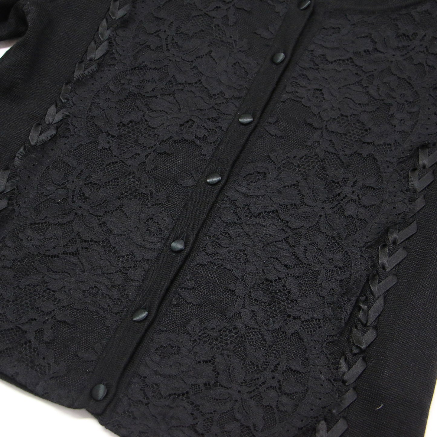 レース付き ショート丈 カーディガン / ニット 長袖 ラウンドネック レースアップ リボン ウール