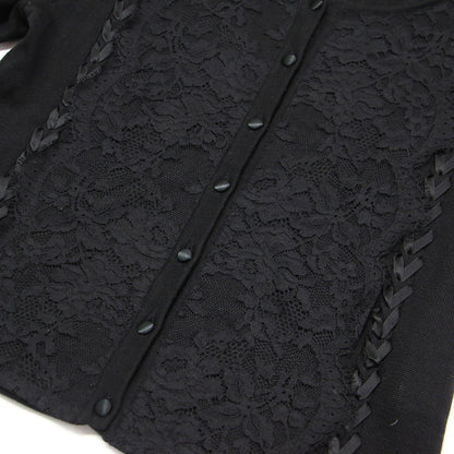 レース付き ショート丈 カーディガン / ニット 長袖 ラウンドネック レースアップ リボン ウール