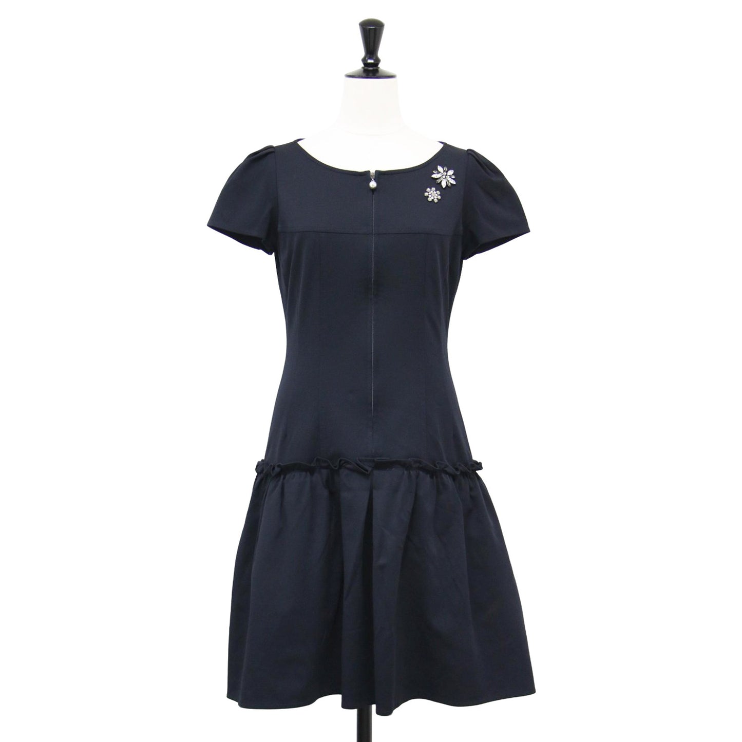 ビジュー付き 半袖 ミニ ワンピース / ラウンドネック パフスリーブ フロントジップ ジャージー素材