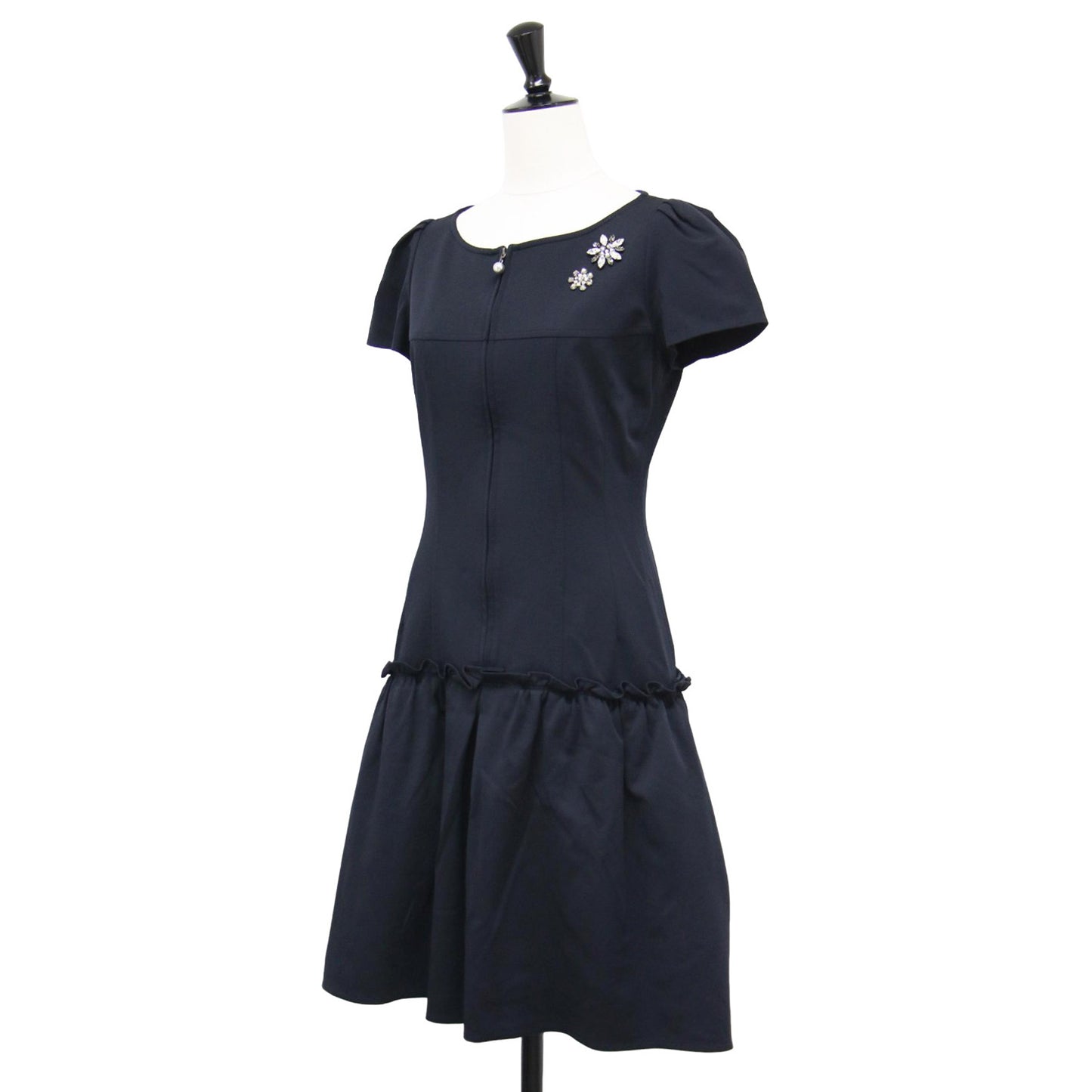 ビジュー付き 半袖 ミニ ワンピース / ラウンドネック パフスリーブ フロントジップ ジャージー素材