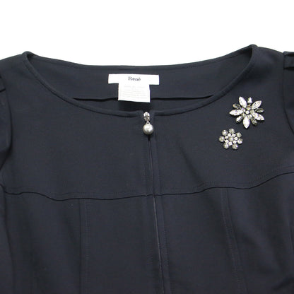 ビジュー付き 半袖 ミニ ワンピース / ラウンドネック パフスリーブ フロントジップ ジャージー素材