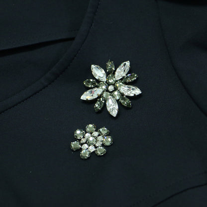 ビジュー付き 半袖 ミニ ワンピース / ラウンドネック パフスリーブ フロントジップ ジャージー素材