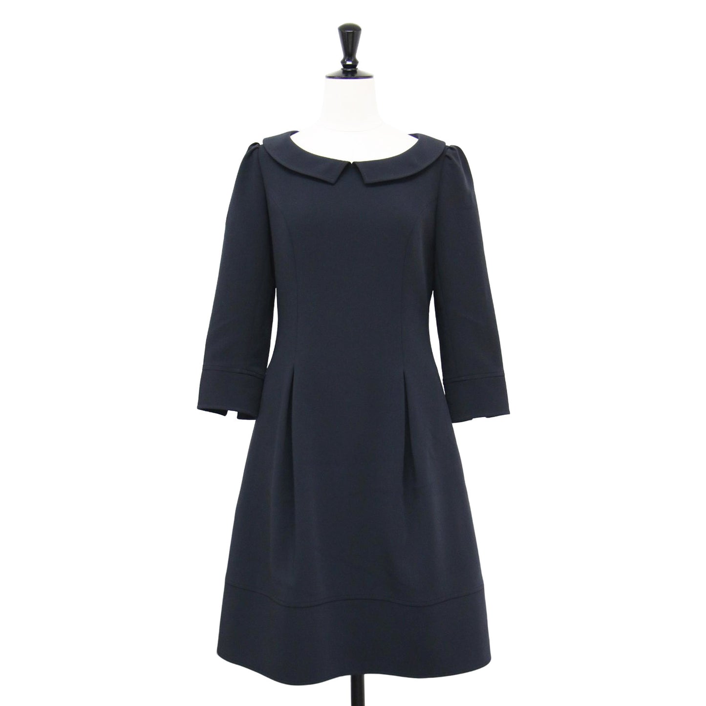 襟付き 七分袖 ミディ ワンピース / 膝丈 ローカラー タック