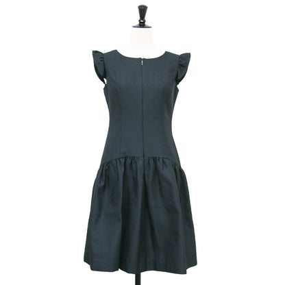 ジャガード フリルスリーブ ミニ ワンピース / ラウンドネック ノースリーブ フロントジップ ギャザー