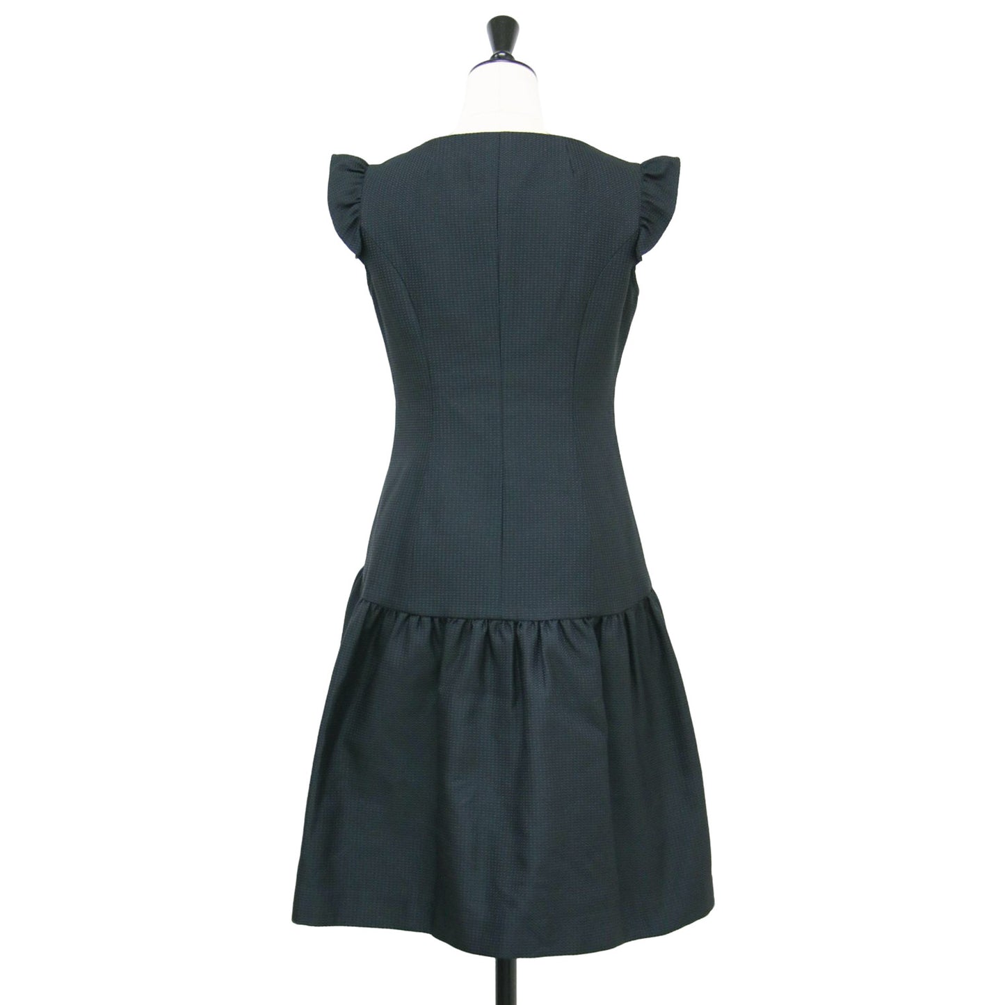 ジャガード フリルスリーブ ミニ ワンピース / ラウンドネック ノースリーブ フロントジップ ギャザー