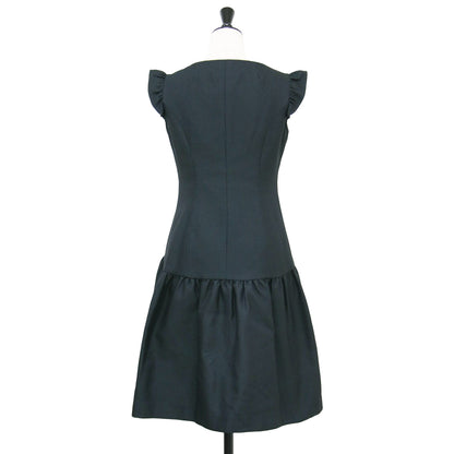 ジャガード フリルスリーブ ミニ ワンピース / ラウンドネック ノースリーブ フロントジップ ギャザー