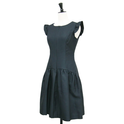 ジャガード フリルスリーブ ミニ ワンピース / ラウンドネック ノースリーブ フロントジップ ギャザー