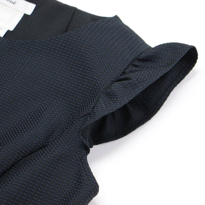 ジャガード フリルスリーブ ミニ ワンピース / ラウンドネック ノースリーブ フロントジップ ギャザー