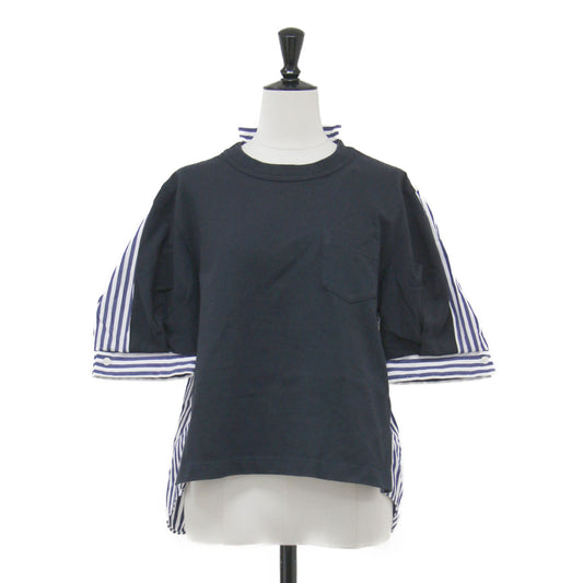 23春夏 ストライプ コンビ 半袖 Tシャツ / Cotton Poplin T-Shirt 23-06557 プルオーバー クルーネック 切替 コットン