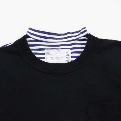 23春夏 ストライプ コンビ 半袖 Tシャツ / Cotton Poplin T-Shirt 23-06557 プルオーバー クルーネック 切替 コットン